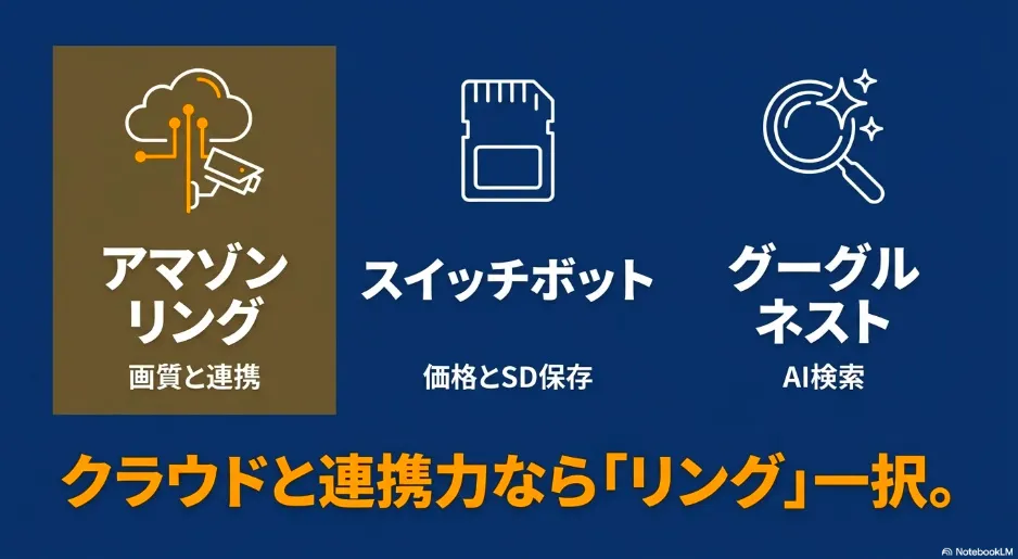 スマートドアホンの比較：クラウドと連携力ならAmazon Ring、価格とSD保存ならSwitchBot、AI検索ならGoogle Nest