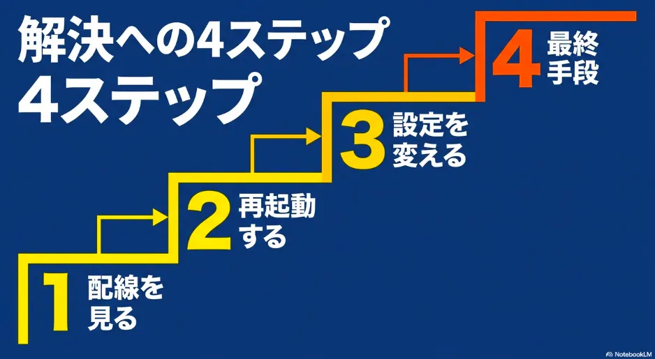 Fire TV Stickの音が出ない時の解決に向けた4ステップ(1.配線を見る、2.再起動する、3.設定を変える、4.最終手段)の全体図解