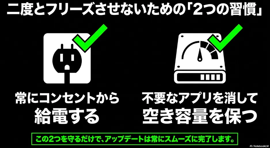 二度とフリーズさせないための2つの習慣。常にコンセントから給電する、不要なアプリを消して空き容量を保つ
