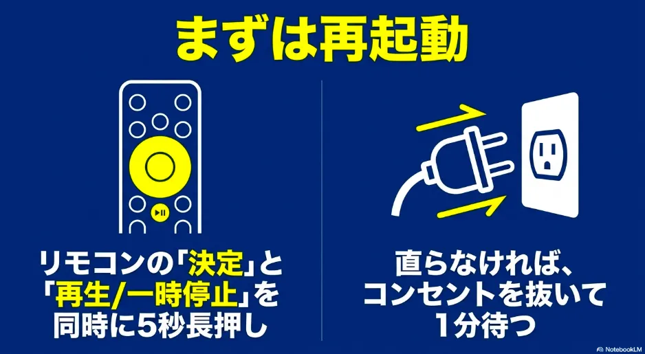 リモコンの決定ボタンと再生/一時停止ボタンを同時に5秒長押しする再起動方法と、コンセントを抜いて1分待つ完全再起動の図解