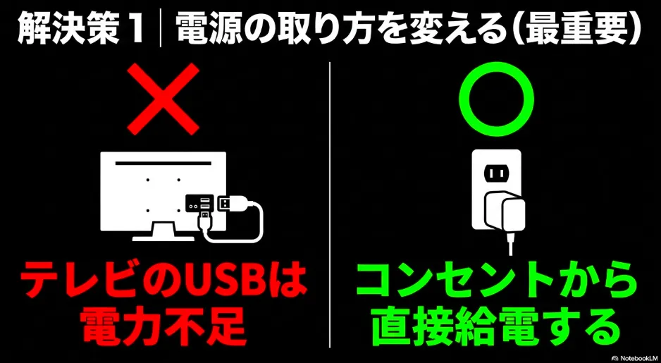 解決策1。電源の取り方を変える。テレビのUSBではなく、コンセントから直接給電する