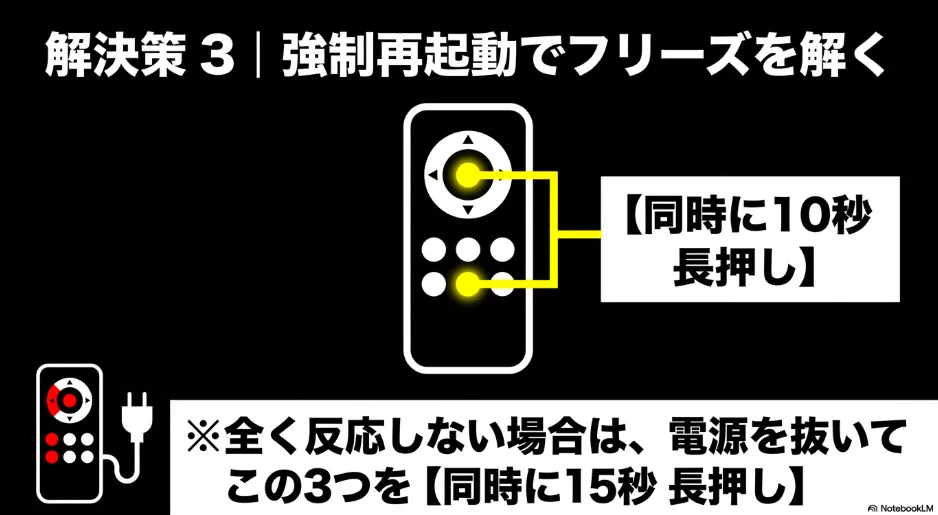 解決策3。リモコンのボタンを同時に長押しして、強制再起動でフリーズを解く