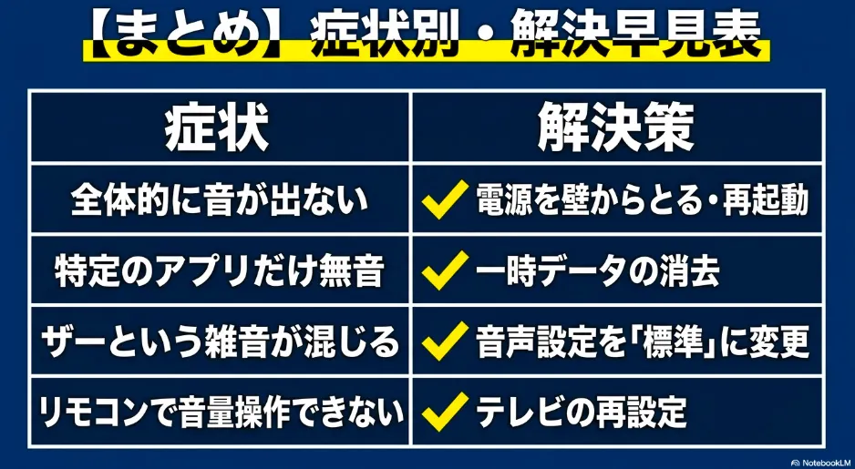 全体的に音が出ない、特定のアプリだけ無音、雑音が混じる、リモコン操作できないなどの症状と解決策を紐づけた早見表