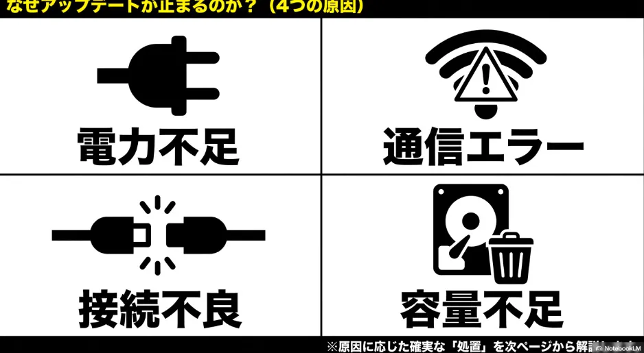 なぜアップデートが止まるのか？4つの原因（電力不足、通信エラー、接続不良、容量不足）