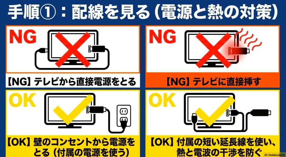 テレビから直接電源をとるNG例と、壁のコンセントから付属電源をとるOK例、延長コード(または延長ケーブル)を利用するOK例の図解