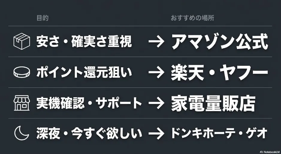 おすすめの場所 安さ・確実さ重視はアマゾン公式、ポイント還元狙いは楽天・ヤフー、実機確認・サポートは家電量販店、深夜・今すぐ欲しい場合はドンキホーテ・ゲオ