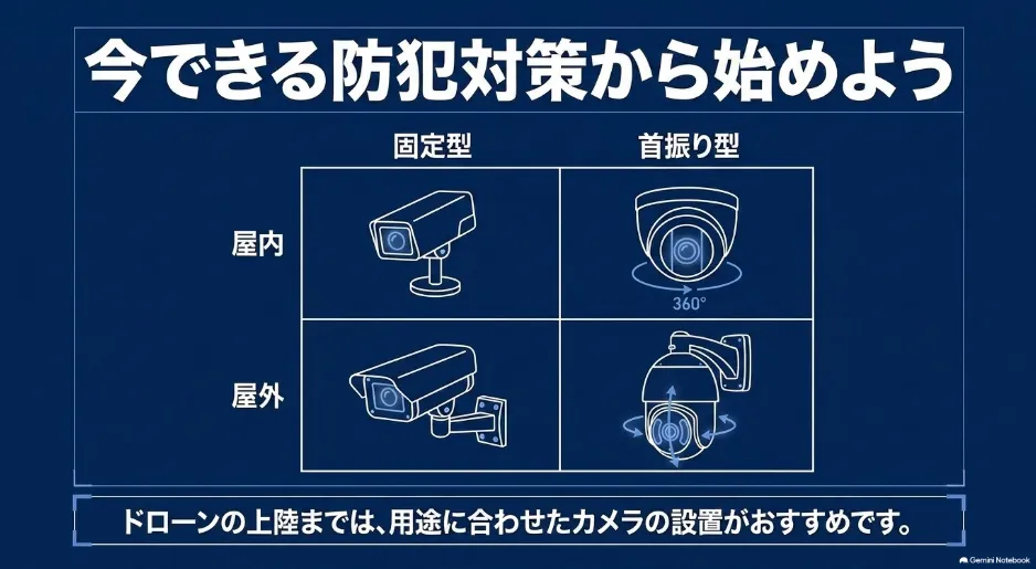 屋内・屋外、固定型・首振り型など、用途に合わせたセキュリティカメラの種類を示す図