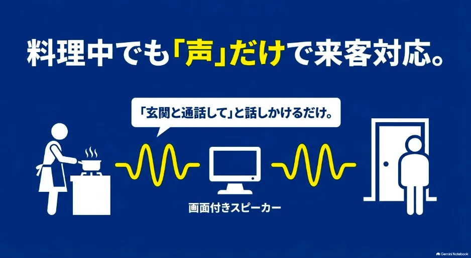 アレクサと連携し、料理中でも声だけで来客対応している様子