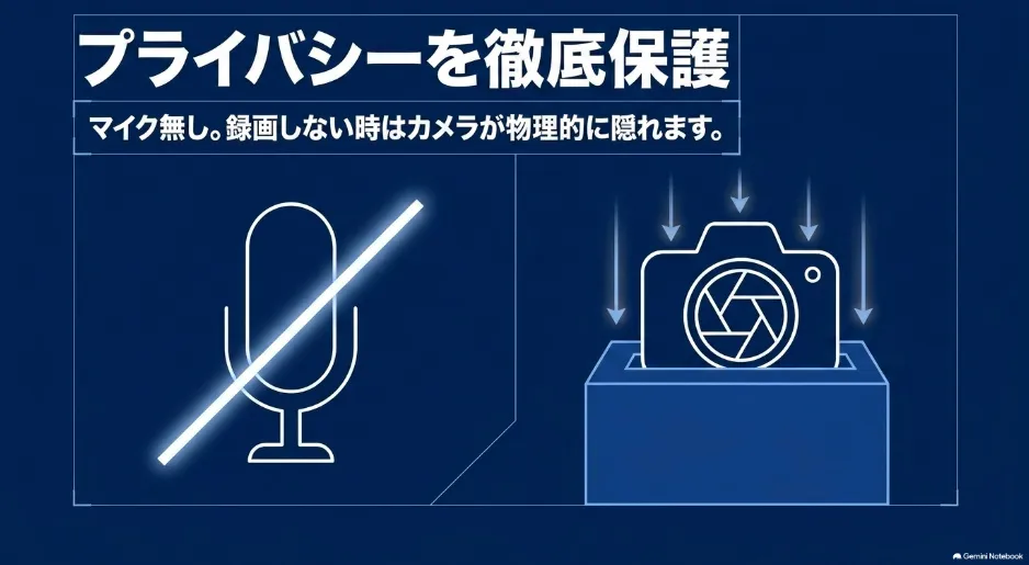 Amazon Ringドローンがマイク非搭載で、録画しない時はカメラが物理的に隠れるプライバシー保護の仕組みを示す図