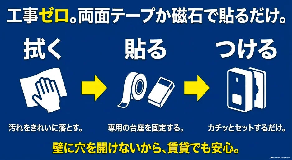両面テープや磁石を使って工事ゼロで簡単に設置できる取り付け手順