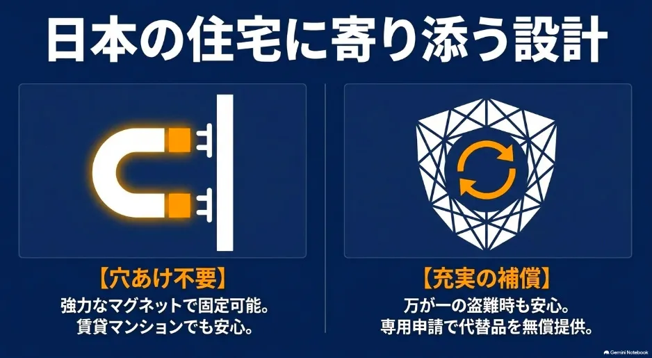穴あけ不要のマグネット固定や盗難補償など、日本の住宅向けに設計されたAmazon Ringの特徴を示すスライド