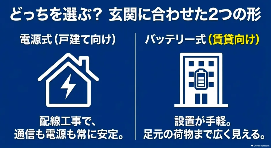 戸建て向けの電源式と賃貸向けのバッテリー式の違いを比較した図