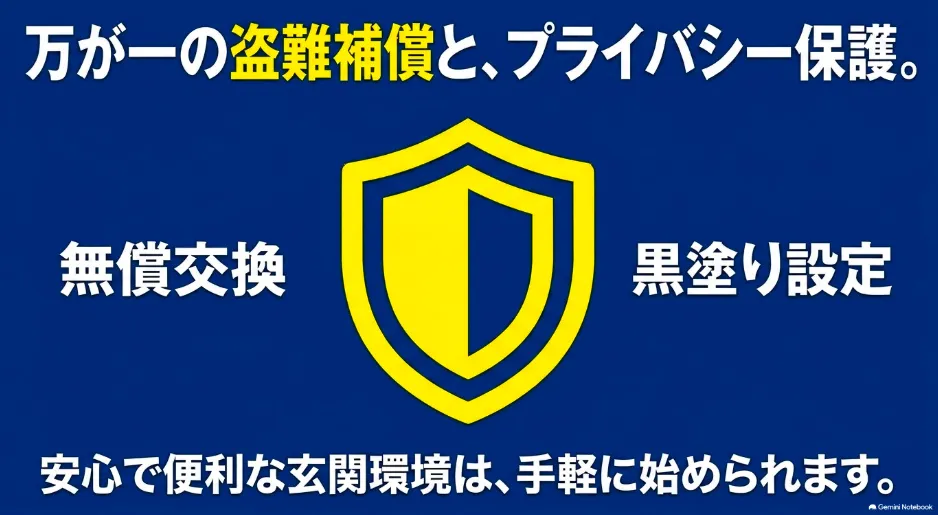 万が一の無償交換による盗難補償と、黒塗り設定によるプライバシー保護の解説