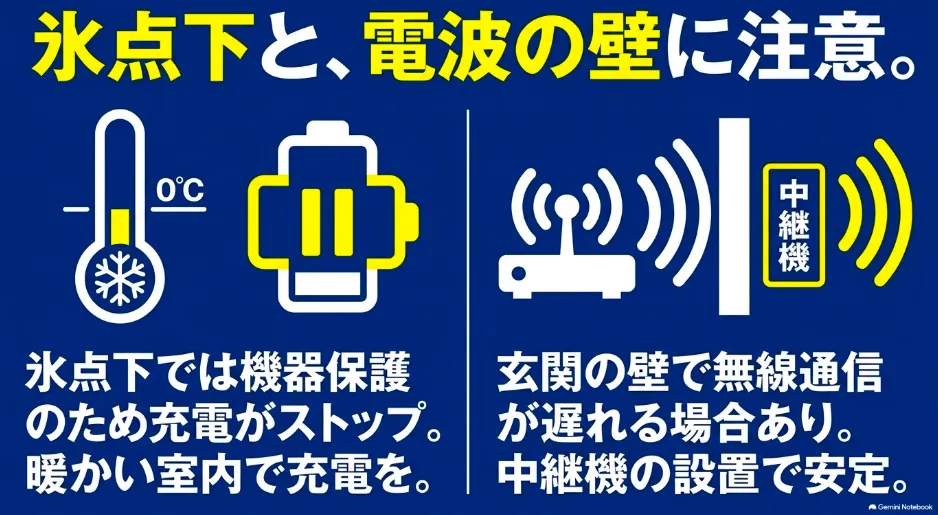 氷点下でのバッテリー充電停止と、中継機を活用したWi-Fi通信対策の解説図