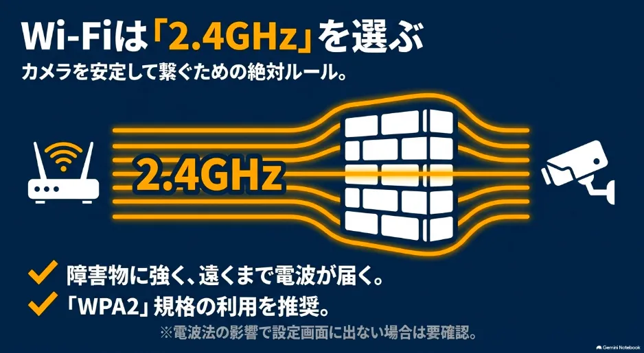 Amazon RingのWi-Fi接続において障害物に強い2.4GHz帯を推奨するスライド