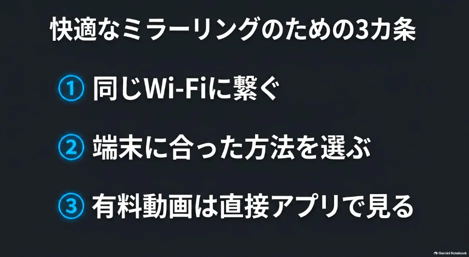 同じWi-Fiに繋ぐ、端末に合った方法を選ぶ、有料動画は直接アプリで見るという3カ条のまとめ