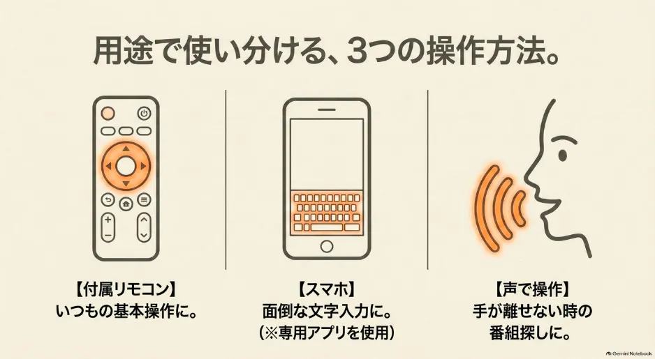 付属リモコン、スマホアプリ、音声操作の3つの操作方法を示す図解
