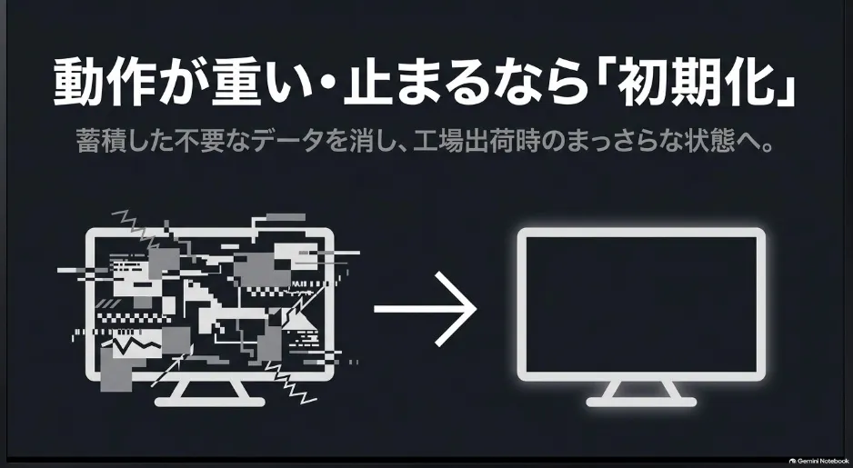 動作が重い・止まる場合は初期化で蓄積した不要なデータを消し、工場出荷時のまっさらな状態へ戻す