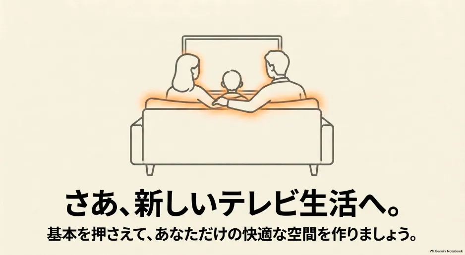 家族3人でソファに座りテレビのエンターテインメントを楽しむ後ろ姿