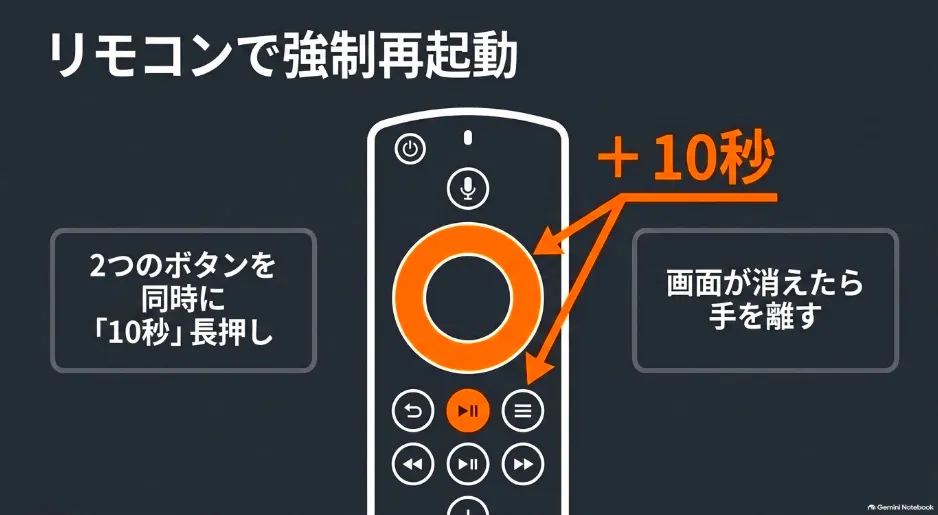 Fire TV Stickリモコンの選択ボタンと再生ボタンを10秒間長押しする強制再起動手順