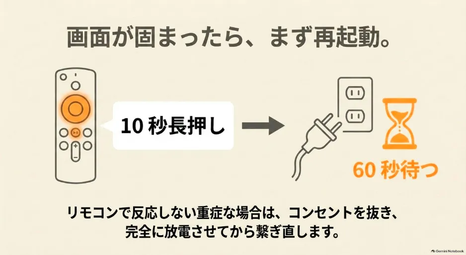 リモコンのボタン10秒長押しと、コンセントを抜いて60秒待つ放電手順の図解