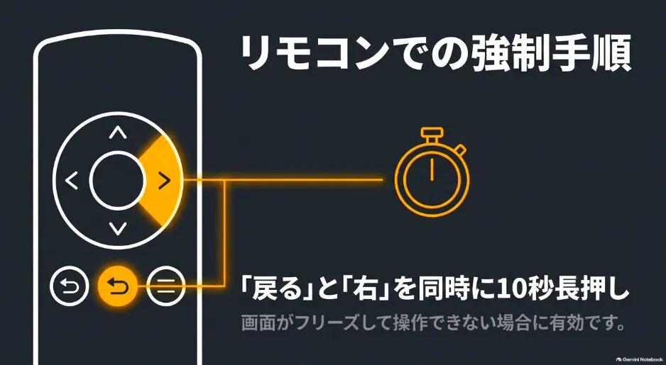 リモコンの戻るボタンと右方向ボタンを同時に10秒長押しして強制的に初期化する