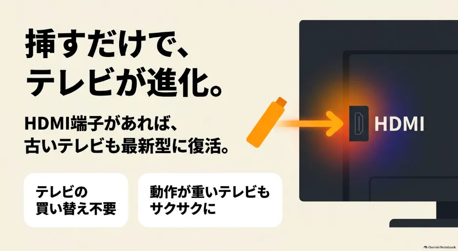 HDMI端子に挿すだけで古いテレビが最新型に進化する様子