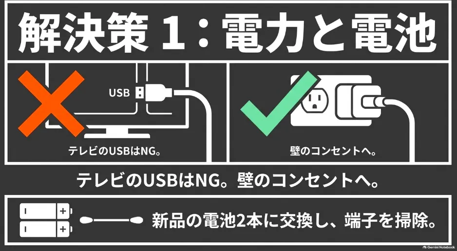 テレビのUSB給電をやめて壁のコンセントへ変更し、新品の電池2本に交換して端子を掃除する解決策
