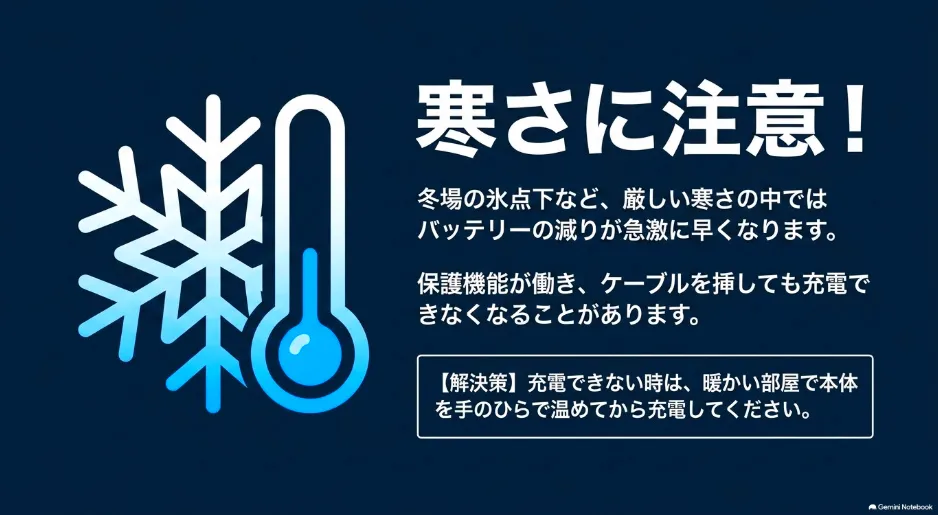 厳しい寒さの中でのバッテリー低下と、保護機能作動時の解決策