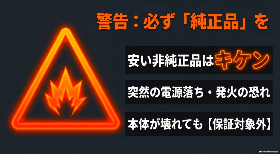 非純正バッテリーは電源落ちや発火の恐れがあり、保証対象外となるため純正品の使用を促す警告