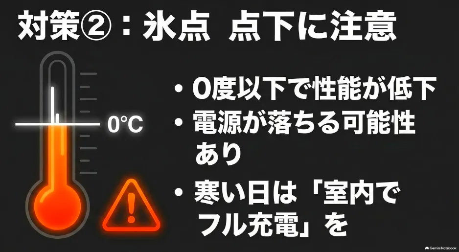 0度以下で性能が低下するため、寒い日は室内でフル充電を推奨する注意喚起
