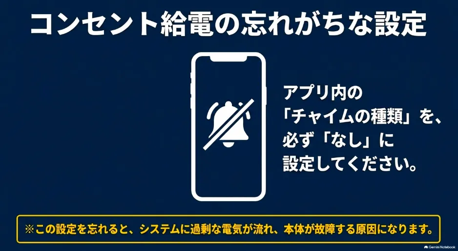 コンセント給電時にアプリ内の「チャイムの種類」を必ず「なし」に設定する手順