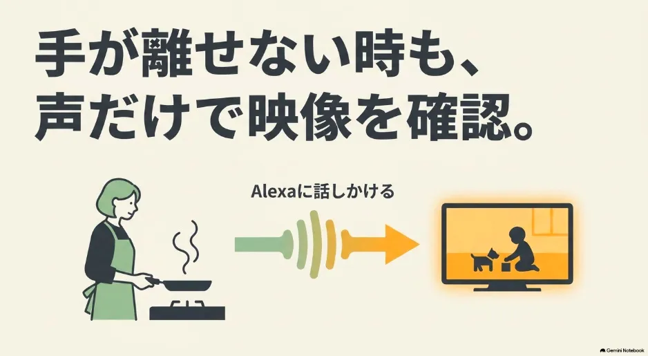 手が離せない時も、声だけで映像を確認。料理中にAlexa搭載デバイスで確認するイメージ