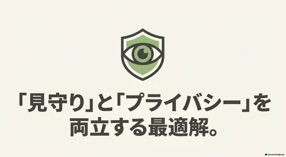 「見守り」と「プライバシー」を両立する最適解。盾と目のアイコン