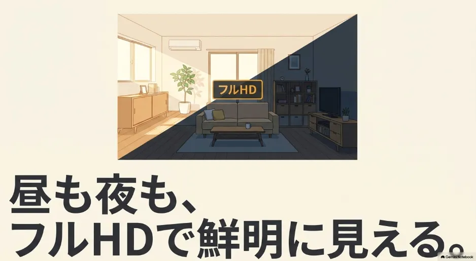 昼も夜も、フルHDで鮮明に見える。部屋の昼間と夜間の比較イメージ