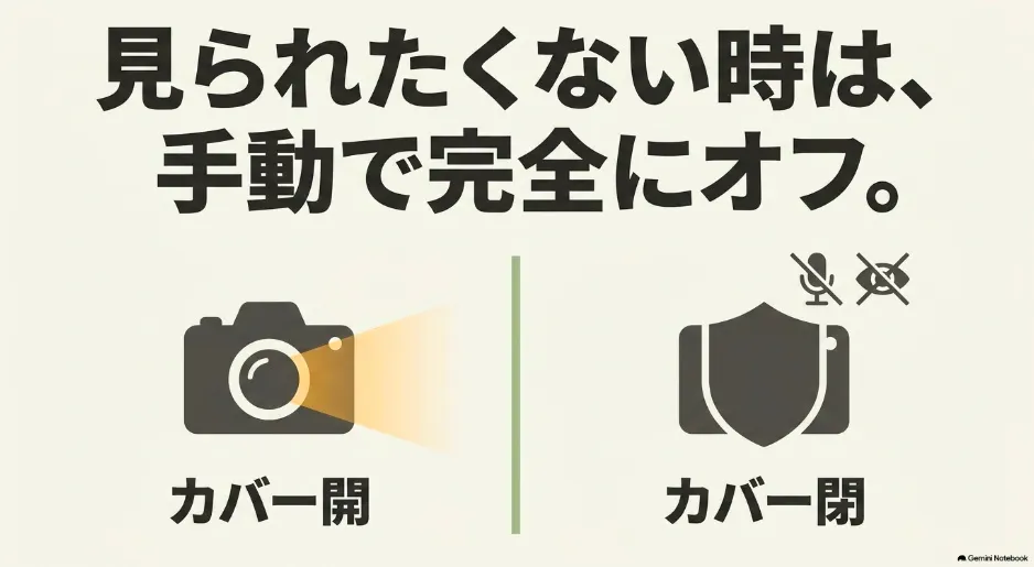 見られたくない時は、手動で完全にオフ。カメラのカバー開閉イメージ