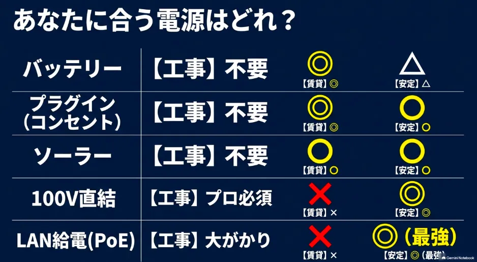バッテリー、プラグイン、ソーラー、100V直結、LAN給電における工事の有無と安定性の比較表