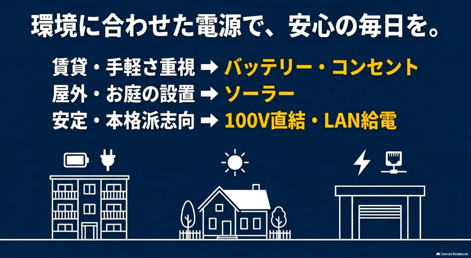 賃貸、屋外設置、安定志向など、環境に合わせたAmazon Ringの電源選びのまとめ