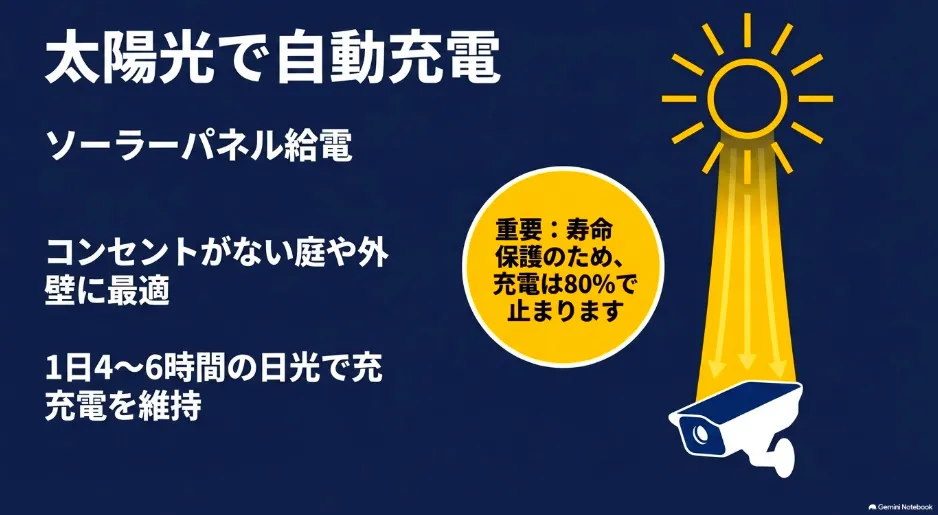 コンセントがない庭や外壁に最適なソーラーパネル給電の特徴と、寿命保護のための80%充電制限について