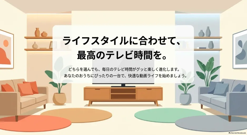 ライフスタイルに合わせてぴったりな一台を選び、毎日のテレビ時間を楽しく進化させましょうというまとめメッセージ。