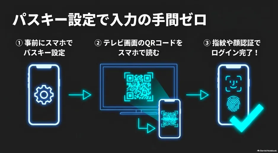 QRコードとパスキー設定を使った、テレビ画面での簡単なログイン手順
