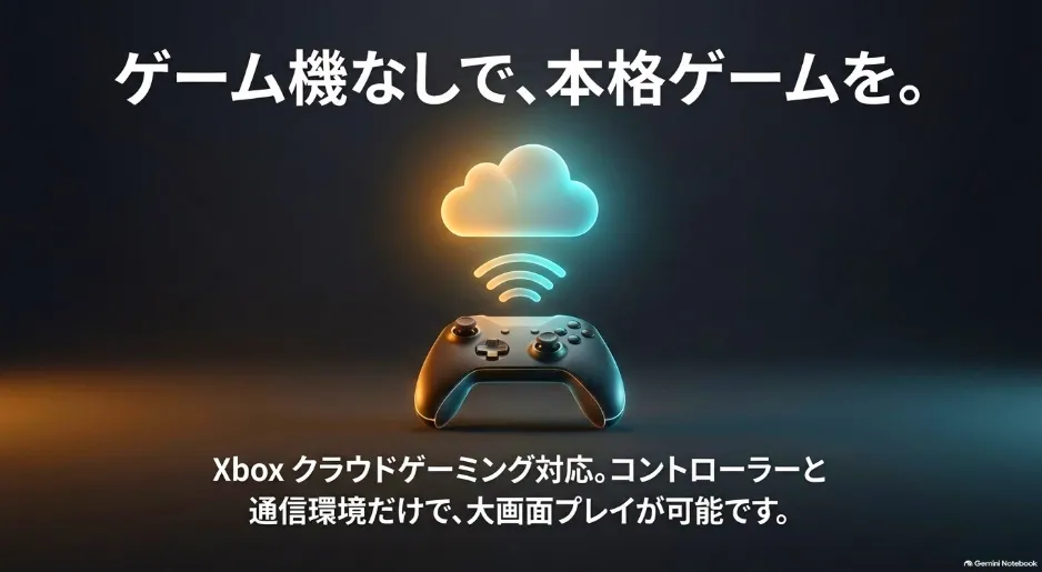 クラウドとコントローラーのアイコンで、ゲーム機本体なしで本格ゲームが遊べることを示すイメージ画像