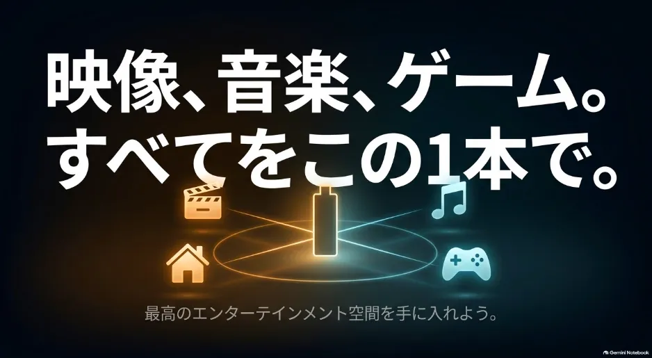 映像、音楽、ゲームなどすべてのエンターテインメントをこの1本で楽しめることを示すまとめのイメージ画像