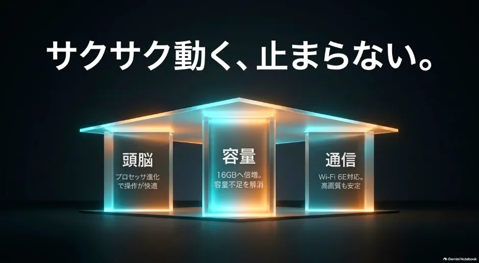 プロセッサの進化、16GBへの容量倍増、Wi-Fi 6E対応による基本性能の向上を示す解説図
