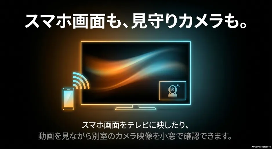 テレビ画面にスマホの画面を映し出したり、別室の見守りカメラの映像を小窓で表示させる機能のイメージ画像
