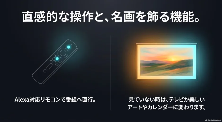 Alexa対応音声認識リモコンの直感的な操作と、テレビ画面に名画を飾るアンビエントディスプレイ機能のイメージ画像