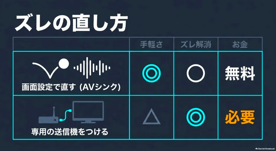 画面設定(AVシンク)で手軽に直す方法と、専用の送信機をつけてズレを完全に解消する方法の比較表