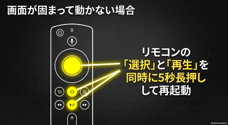 リモコンの選択ボタンと再生ボタンを同時に5秒長押しして再起動する