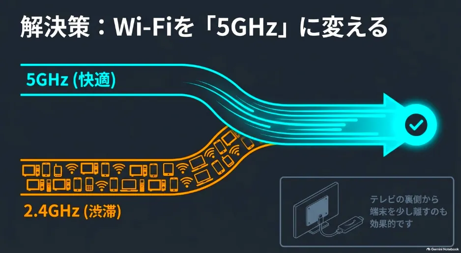解決策として、渋滞しやすい2.4GHzから快適な5GHzへWi-Fiを変更し、テレビの裏側から端末を離す方法