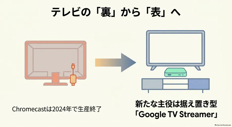 Chromecastは2024年で生産終了し、新たな主役は据え置き型のGoogle TV Streamerへ進化したことを示すスライド。